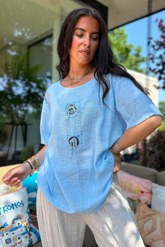 Izi Cheesecloth Button Tee Baby Blue